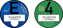 Blå E-Plakette og grønt miljømærke